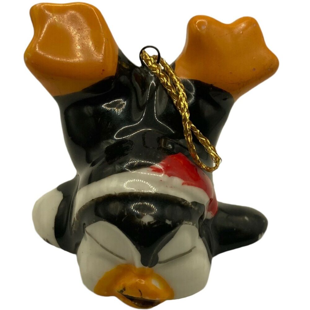 Vintage Tumbling Penguin Christmas Ornament Black and White Small Porcelain